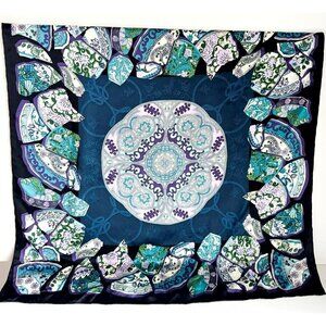 Vintage Chinese Pottery Print Blue Purple Hand Rolled Silk Scarf